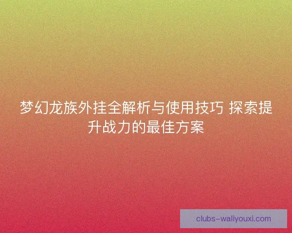 梦幻龙族外挂全解析与使用技巧 探索提升战力的最佳方案